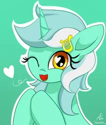 Size: 920x1080 | Tagged: safe, artist:truffle shine, derpibooru import, lyra heartstrings, pony, unicorn, bust, cute, cutie mark accessory, female, floating heart, green background, heart, heart eyes, hooves together, looking at you, lyrabetes, mare, one eye closed, open mouth, portrait, simple background, solo, wingding eyes, wink