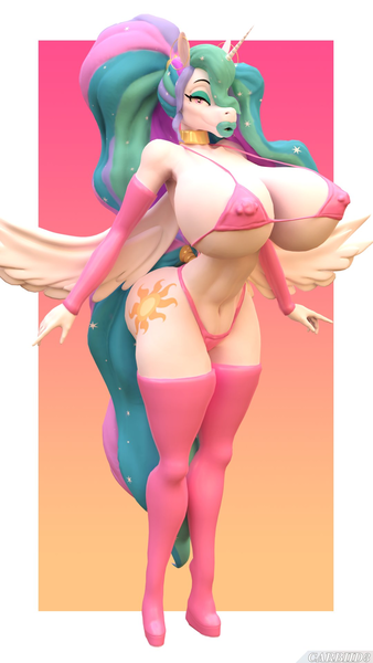 Size: 1080x1920 | Tagged: 3d, abstract background, alicorn, anthro, armpits, artist:carbiid3, big breasts, big lips, bikini, bimbo, bimbo celestia, breasts, busty princess celestia, clothes, derpibooru import, erect nipples, evening gloves, female, fingerless gloves, gloves, hair over one eye, horn, huge breasts, latex, latex socks, lipstick, long gloves, makeup, nipple outline, princess celestia, questionable, socks, solo, solo female, swimsuit, unguligrade anthro, wings