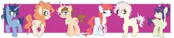 Size: 1934x423 | Tagged: safe, artist:lynxxit, derpibooru import, oc, oc:cinnamon twist, oc:flitter flash, oc:nothern nova, oc:peachy pie, oc:pyre, oc:rain ropes, unofficial characters only, dracony, dragon, earth pony, hybrid, pegasus, pony, unicorn, bandana, earth pony oc, female, horn, interspecies offspring, jewelry, mare, next generation, no pupils, offspring, parent:applejack, parent:big macintosh, parent:caramel, parent:cheese sandwich, parent:flash sentry, parent:fluttershy, parent:pinkie pie, parent:rainbow dash, parent:rarity, parent:soarin', parent:spike, parent:twilight sparkle, parents:carajack, parents:cheesepie, parents:flashlight, parents:fluttermac, parents:soarindash, parents:sparity, pegasus oc, unicorn oc, wings