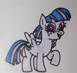 Size: 474x451 | Tagged: safe, artist:agirlwholovesmlp, derpibooru import, wind sprint, pegasus, pony, cute, female, filly, foal, looking at you, one hoof raised, open mouth, simple background, smiling, smiling at you, sprintabetes, traditional art, white background