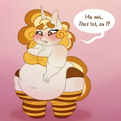 Size: 1000x1000 | Tagged: suggestive, artist:butterball451, derpibooru import, oc, oc:honeycakes, unofficial characters only, anthro, unguligrade anthro, unicorn, anthro oc, belly, belly button, big belly, big breasts, bingo wings, blushing, breasts, chibi, chubby cheeks, cleavage, clothes, denial, dialogue, fat, female, gradient background, hand on belly, huge belly, obese, shorts, socks, solo, speech bubble, squishy, striped socks, thighs, thunder thighs, tight clothing, tube top, wide hips