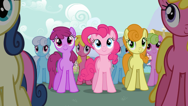 Size: 1920x1080 | Tagged: safe, derpibooru import, screencap, berry punch, berryshine, bon bon, carrot top, cherry berry, daisy, flower wishes, golden harvest, linky, pinkie pie, shoeshine, sweetie drops, earth pony, pony, the last roundup, background pony