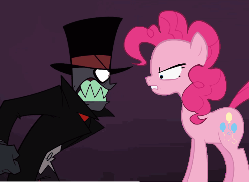 Size: 994x728 | Tagged: angry, black hat (villainous), cartoon network, crossover, derpibooru import, female, growling, hat, male, pinkie pie, purple background, safe, simple background, teeth, top hat, villainous