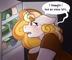 Size: 1200x1000 | Tagged: safe, artist:butterball451, derpibooru import, oc, oc:honeycakes, unofficial characters only, anthro, unicorn, anthro oc, chubby, dialogue, food, freezer, profile, refrigerator, speech bubble