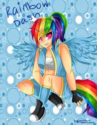 Size: 2153x2786 | Tagged: 2104, abstract background, artist:pieperstars, clothes, converse, derpibooru import, female, fingerless gloves, gloves, gym shorts, human, humanized, midriff, rainbow dash, safe, sexy, shoes, shorts, sitting, socks, solo, sports bra, sports shorts, tail, text, vest, winged humanization, wings