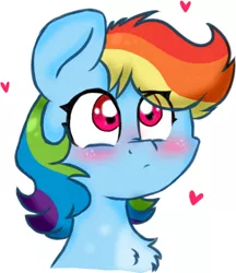 Size: 512x593 | Tagged: safe, artist:honneymoonmlp, derpibooru import, rainbow dash, pegasus, pony, blushing, bust, chest fluff, cute, dashabetes, eye clipping through hair, heart, portrait, simple background, solo, white background