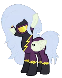 Size: 491x621 | Tagged: safe, artist:celestial-rue0w0, derpibooru import, oc, oc:silky feathers, unofficial characters only, pegasus, pony, icey-verse, base used, clothes, commission, costume, female, goggles, grin, magical lesbian spawn, mare, offspring, parent:lily lace, parent:nightshade, parents:nightlace, shadowbolts, shadowbolts costume, simple background, smiling, solo, tattoo, transparent background