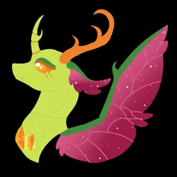 Size: 1000x1000 | Tagged: artist:lepiswerid, black background, changedling, changeling, derpibooru import, eyelashes, insect wings, king thorax, lineless, male, marsverse, no nostrils, redesign, safe, separated horn, simple background, solo, sparkles, thorax, wings