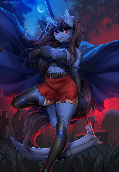 Size: 970x1400 | Tagged: suggestive, artist:margony, derpibooru import, oc, oc:procelle, unofficial characters only, anthro, unguligrade anthro, unicorn, absolute cleavage, anthro oc, big breasts, boob window, breasts, cape, cleavage, cloak, clothes, crescent moon, ear fluff, fangs, female, horn, looking at you, magic, mare, midriff, moon, night, night sky, red eyes, scythe, shorts, sky, slit eyes, slit pupils, smiling, solo, solo female, watermark, wings