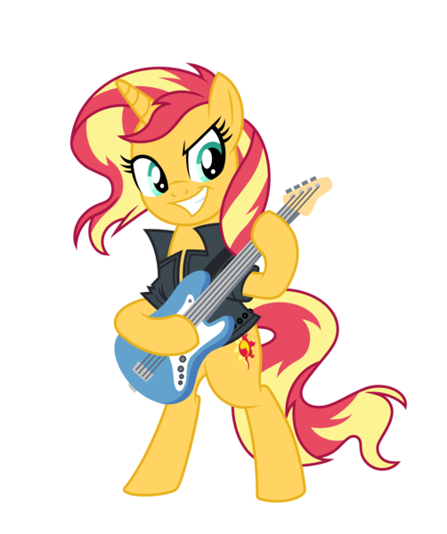 Size: 5859x7000 | Tagged: safe, artist:emeraldblast63, derpibooru import, idw, sunset shimmer, pony, spoiler:comic, spoiler:comic79, clothes, guitar, idw showified, jacket, leather jacket, musical instrument, show accurate, simple background, solo, transparent background