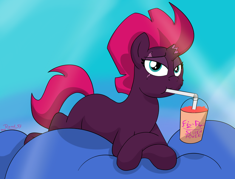 Size: 3942x3000 | Tagged: safe, artist:rupertbluefox, derpibooru import, fizzlepop berrytwist, tempest shadow, unicorn, broken horn, cute, drinking straw, female, horn, looking at you, lying down, mare, prone, slushie, solo, squishy