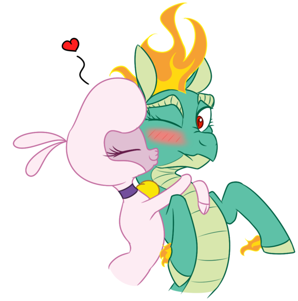 Size: 1047x1059 | Tagged: artist:ponysickle, blushing, cloven hooves, community related, cute, derpibooru import, dragon, female, hybrid, kissing, lamb, lesbian, longma, pomhuo, pom lamb, safe, scrunchy face, sheep, shipping, simple background, them's fightin' herds, tianhuo, transparent background