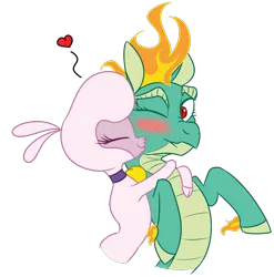 Size: 1047x1059 | Tagged: artist:ponysickle, blushing, cloven hooves, community related, cute, derpibooru import, dragon, female, hybrid, kissing, lamb, lesbian, longma, pomhuo, pom lamb, safe, scrunchy face, sheep, shipping, simple background, them's fightin' herds, tianhuo, transparent background