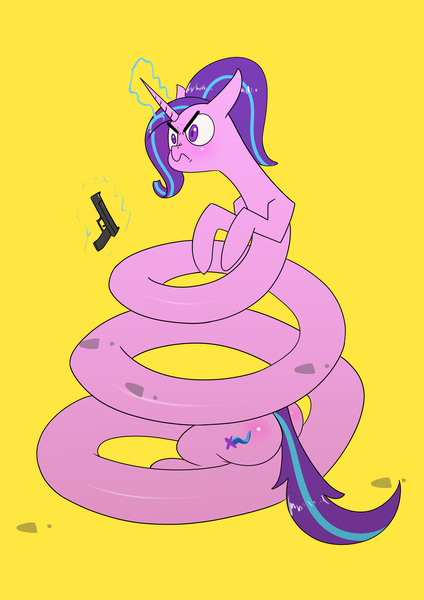 Size: 2480x3508 | Tagged: safe, artist:underpable, derpibooru import, starlight glimmer, pony, unicorn, angry, coils, don't tread on me, female, flag, frown, gadsden flag, gun, long glimmer, long pony, magic, simple background, telekinesis, this will end in gulag, weapon, yellow background