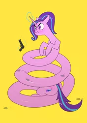 Size: 2480x3508 | Tagged: safe, artist:underpable, derpibooru import, starlight glimmer, pony, unicorn, angry, coils, don't tread on me, female, flag, frown, gadsden flag, gun, long glimmer, long pony, magic, simple background, telekinesis, this will end in gulag, weapon, yellow background