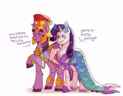 Size: 1927x1500 | Tagged: safe, artist:taikochann, derpibooru import, rarity, twilight sparkle, twilight sparkle (alicorn), alicorn, mermaid, pony, unicorn, armor, athena sparkle, clothes, costume, dialogue, female, lesbian, mermarity, nightmare night costume, rarilight, shipping, text