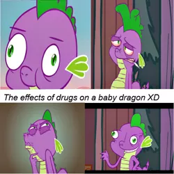 Size: 624x624 | Tagged: artist:thetruesurvivor, baby, baby dragon, caption, derpibooru import, dragon, drugs, drug use, high, marijuana, .mov, shed.mov, spike, stoner spike, suggestive