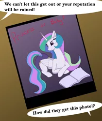 Size: 4500x5347 | Tagged: suggestive, artist:diaperednight, derpibooru import, princess celestia, alicorn, pony, comic:celestia's 12 labours, absurd resolution, blackmail, book, dialogue, diaper, diaper fetish, exclamation point, eyebrows, eyelashes, female, fetish, happy, horn, laying on floor, laying on stomach, mare, nostrils, photo, poofy diaper, princess, question mark, reading, royalty, smiling, speech bubble, story included, symbol, talking, text