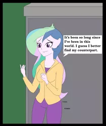Size: 4500x5347 | Tagged: safe, artist:diaperednight, derpibooru import, princess celestia, human, comic:celestia's 12 labours, equestria girls, absurd resolution, clothes, crinkle, diaper under clothes, eyebrows, eyelashes, female, happy, implied diaper, implied diaper fetish, jacket, monologue, onomatopoeia, outdoors, pants, portal, princess, royalty, shirt, speech bubble, story included, t-shirt, talking, talking to herself, text, woman