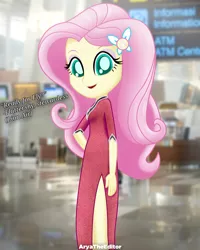 Size: 2000x2500 | Tagged: safe, artist:aryatheeditor, derpibooru import, fluttershy, equestria girls, airport, beautiful, bust, cutie mark, hairpin, kindness, looking at you, photo, portrait, smiling, smiling at you, solo, stewardess