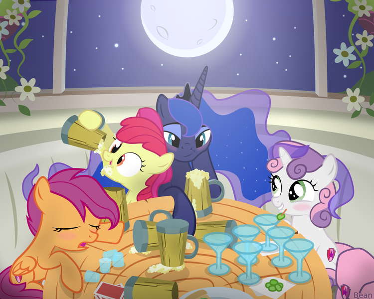 Size: 3125x2500 | Tagged: source needed, safe, artist:bean, derpibooru import, apple bloom, princess luna, scootaloo, sweetie belle, alicorn, earth pony, pegasus, pony, unicorn, alcohol, blushing, cover art, cutie mark crusaders, drunk, drunk luna, drunkaloo, drunker belle, drunker bloom, female, filly, fimfiction, flower, full moon, mare, moon, stars, table, underaged drinking, window