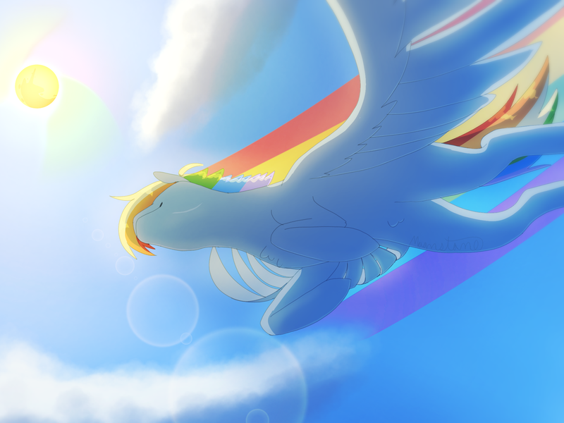 Size: 2048x1536 | Tagged: safe, artist:cowovermoonstone, derpibooru import, rainbow dash, pegasus, pony, cloud, female, flying, lens flare, mare, perspective, rainbow trail, sky, solo, spread wings, sun, wings
