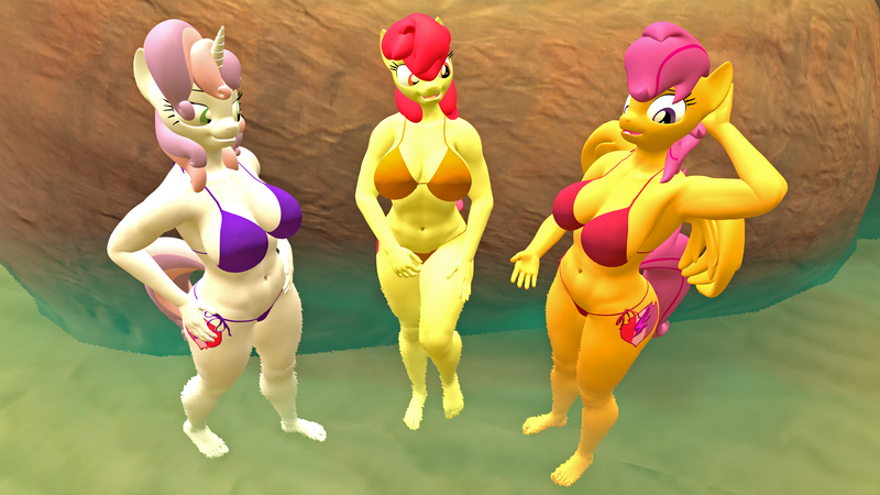 Size: 3840x2160 | Tagged: 3d, anthro, apple bloom, armpits, artist:kevhon, barefoot, belly button, big breasts, bikini, breasts, busty apple bloom, busty cmc, busty scootaloo, busty sweetie belle, clothes, cutie mark crusaders, derpibooru import, feet, older, older apple bloom, older scootaloo, older sweetie belle, plantigrade anthro, scootaloo, source filmmaker, suggestive, sweetie belle, swimsuit, water