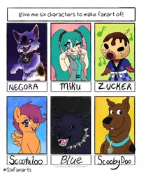 Size: 1080x1290 | Tagged: safe, artist:sweettreatart, derpibooru import, scootaloo, anthro, cat, dog, great dane, human, octopus, pegasus, pony, six fanarts, animal crossing, anthro with ponies, blushing, clothes, collar, crossover, female, filly, hatsune miku, licking, licking lips, male, mask, one eye closed, scooby doo, smiling, spiked collar, tongue out, vocaloid, wink, wolfs rain