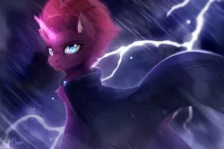 Size: 1500x1000 | Tagged: safe, artist:lostdreamm, derpibooru import, tempest shadow, pony, unicorn, my little pony: the movie, cape, clothes, female, lightning, magic horn, mare, rain, signature, thunder