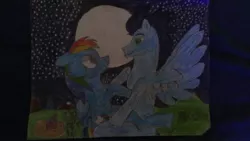 Size: 1280x720 | Tagged: safe, artist:xvigeno, derpibooru import, rainbow dash, soarin', female, male, moon, night, shipping, soarindash, stars, straight, traditional art