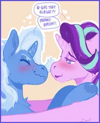 Size: 970x1190 | Tagged: safe, artist:kittycoot, derpibooru import, starlight glimmer, trixie, pony, unicorn, blushing, dialogue, eyes closed, female, first kiss, heart, lesbian, shipping, startrix