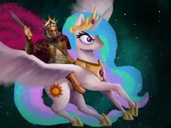 Size: 1500x1125 | Tagged: safe, artist:slamjam, derpibooru import, princess celestia, alicorn, human, pony, armor, aurelian, humans riding ponies, knight, riding, roman, sword, weapon