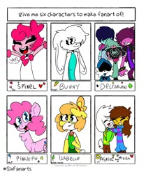 Size: 1080x1290 | Tagged: safe, artist:xaly_catx, derpibooru import, pinkie pie, dog, earth pony, goat, human, pony, six fanarts, :d, animal crossing, anthro with ponies, asriel dreemurr, chest fluff, clothes, crossover, deltarune, female, frisk, isabelle, male, mare, shih tzu, smiling, spinel (steven universe), steven universe, undertale