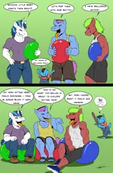 Size: 832x1280 | Tagged: safe, artist:beowulf100, derpibooru import, shining armor, oc, oc:wolzard, anthro, digitigrade anthro, earth pony, plantigrade anthro, unicorn, wolf, angry, balloon, balloon fetish, balloon popping, bully, bullying, clothes, commission, digital art, fetish, furry, horn, male, popping, puppy, speech bubble, tail, text, this will end in pain, wooden sword