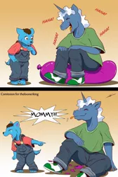 Size: 690x1024 | Tagged: safe, artist:beowulf100, derpibooru import, pokey pierce, oc, oc:wolzard, anthro, digitigrade anthro, plantigrade anthro, unicorn, wolf, balloon, balloon fetish, balloon popping, bully, bullying, clothes, comic, commission, crying, digital art, fetish, furry, horn, male, popping, puppy, shoes, speech bubble, tail, text