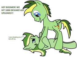 Size: 802x598 | Tagged: safe, artist:didgereethebrony, derpibooru import, oc, oc:boomerang beauty, oc:didgeree, earth pony, pegasus, base used, bed hair, brother and sister, cutie mark, dialogue, female, glare, happy, male, messy mane, rude awakening, siblings, simple background, swearing, trace, transparent background, vulgar