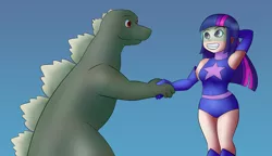 Size: 2600x1500 | Tagged: arm behind head, armpits, artist:bartlebybox, derpibooru import, godzilla, godzilla (series), grin, handshake, human, humanized, kaiju, magic gaia, safe, smiling, superhero, twilight sparkle