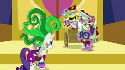 Size: 1920x1080 | Tagged: cart, clothes, comic book, cosplay, costume, derpibooru import, dragon, dragon dropped, mane-iac, rarity, safe, screencap, spike, twilight's castle, winged spike