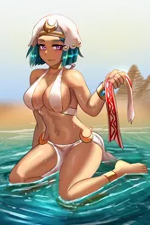 Size: 800x1200 | Tagged: anime, artist:tzc, belly button, bikini, blindfold, bocas top, breasts, busty somnambula, clothes, derpibooru import, egyptian, female, human, humanized, kneeling, open mouth, solo, solo female, somnambula, stupid sexy somnambula, suggestive, swimsuit, water, watermark