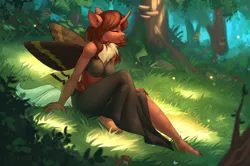 Size: 5610x3726 | Tagged: alternate version, anthro, anthro oc, artist:nightskrill, barefoot, commission, dappled sunlight, derpibooru import, ear fluff, eyes closed, feet, female, forest, grass, insect, moth, mothpony, nature, neck fluff, oc, oc:red flux, original species, outdoors, plantigrade anthro, resting, safe, sitting, smiling, solo, tree, unofficial characters only