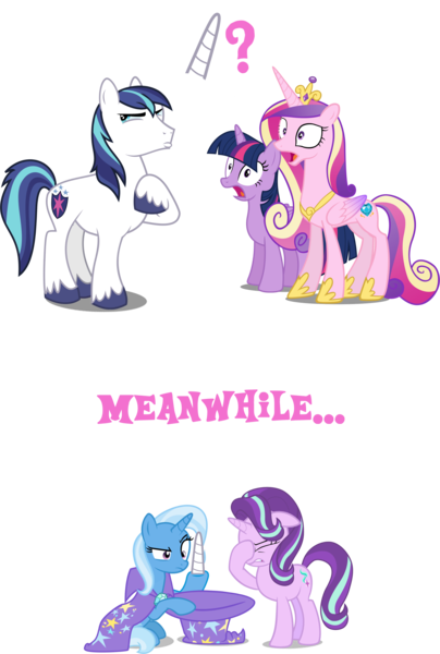 Size: 2519x3743 | Tagged: safe, artist:8-notes, artist:cheezedoodle96, artist:pink1ejack, artist:rustle-rose, artist:sketchmcreations, artist:tardifice, derpibooru import, editor:slayerbvc, princess cadance, shining armor, starlight glimmer, trixie, twilight sparkle, twilight sparkle (alicorn), alicorn, earth pony, unicorn, cape, clothes, confused, detachable horn, earth pony shining armor, facehoof, female, floppy ears, hat, horn, magic trick, mare, modular, oops, open mouth, out of trixie's hat, pictogram, raised hoof, simple background, speech bubble, text, transparent background, trixie's cape, trixie's hat
