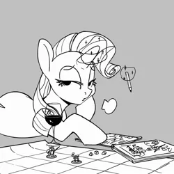 Size: 2655x2655 | Tagged: safe, artist:tallaferroxiv, deleted from derpibooru, derpibooru import, rarity, pony, unicorn, black and white, dungeons and dragons, female, glass, glowing horn, grayscale, horn, huff, magic, mare, monochrome, ogres and oubliettes, pen and paper rpg, pencil, rpg, solo, telekinesis, wine glass