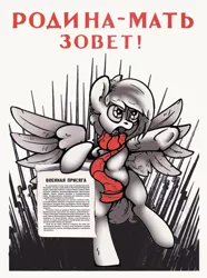 Size: 696x933 | Tagged: safe, artist:change, artist:rubiont, derpibooru import, oc, oc:mirta whoowlms, pegasus, pony, agitha, cyrillic, flying, gun, pegasus oc, poster, propaganda, rifle, russian, soviet, soviet russia, soviet union, text, victory day, war, weapon, wings, world war ii