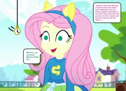 Size: 847x614 | Tagged: safe, derpibooru import, edit, edited screencap, editor:thomasfan45, screencap, fluttershy, human, eqg summertime shorts, equestria girls, steps of pep, 1000 hours in ms paint, cheerleader, clothes, cropped, cute, description is relevant, female, fence, field, hairband, houses, hypnosis, hypnotized, implied pinkie pie, madame pinkie, open mouth, pendulum swing, personality change, pocket watch, request, shyabetes, skirt, smiling, soccer field, solo, speech bubble, story included, sweater, trance, tree, wondercolts uniform