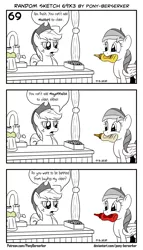Size: 1320x2309 | Tagged: safe, artist:pony-berserker, derpibooru import, applejack, rainbow dash, earth pony, pegasus, pony, bits, cider, cider stand, comic, dialogue, duo, faucet, female, food, grayscale, hat, ketchup, mare, mayonnaise, monochrome, mouth hold, mustard, neo noir, partial color, pony-berserker's twitter sketches, rainbow mustard, sauce, simple background, speech bubble, stippling, that pony sure does love mustard, white background