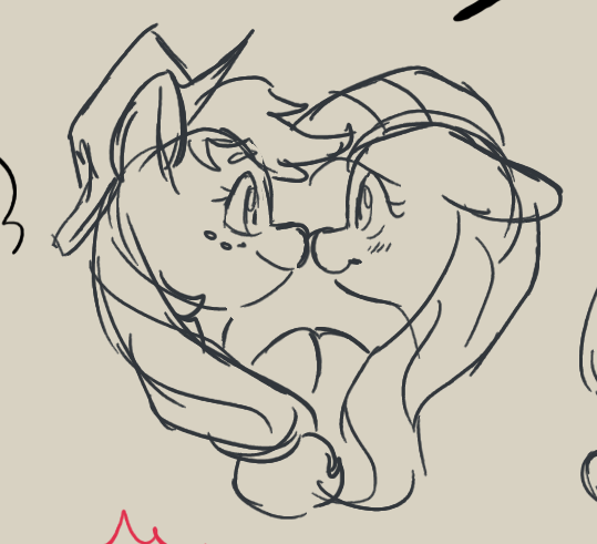 Size: 539x491 | Tagged: safe, artist:waackery, derpibooru import, applejack, fluttershy, earth pony, pegasus, pony, applejack's hat, appleshy, bust, cowboy hat, drawpile, female, hat, lesbian, monochrome, nuzzling, shipping, sketch