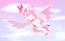 Size: 2020x1280 | Tagged: safe, artist:teapup, derpibooru import, oc, oc:teddy bear, pegasus, pony, bow, cute, flying, painted hooves, pastel, pink, sky, solo