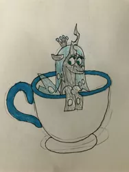 Size: 3024x4032 | Tagged: safe, artist:whistle blossom, deleted from derpibooru, derpibooru import, part of a set, queen chrysalis, changeling, changeling queen, pony, bow, crown, cup, cup of pony, cute, cutealis, female, jewelry, looking at you, mare, micro, regalia, simple background, smiling, smiling at you, solo, teacup, traditional art, whistle blossom is trying to murder us, whistle blossom's teacup ponies, white background