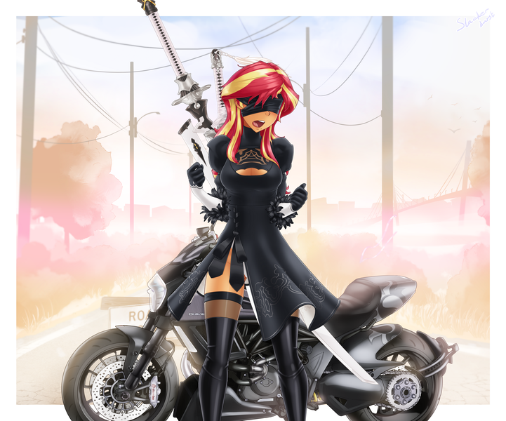 Size: 3072x2557 | Tagged: safe, alternate version, artist:slackerburst, derpibooru import, sunset shimmer, equestria girls, blindfold, blushing, breasts, cleavage, clothes, cosplay, costume, motorcycle, nier, open clothes, open mouth, sword, weapon