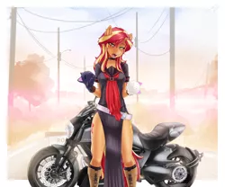 Size: 3072x2557 | Tagged: safe, alternate version, artist:slackerburst, derpibooru import, sunset shimmer, anthro, equestria girls, blushing, clothes, cosplay, costume, image, lidded eyes, looking at you, motorcycle, okami-san, open clothes, open mouth, png